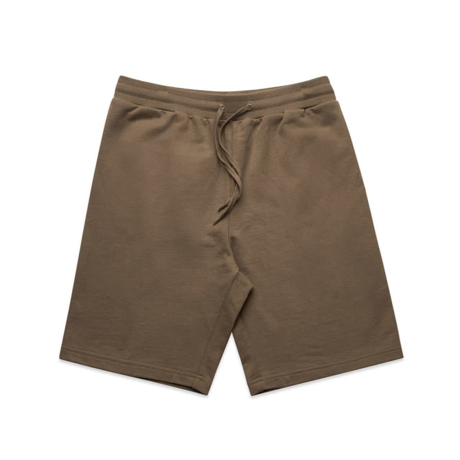Olive green sports shorts featuring an elastic waistband and drawstring, with a logo present on the design.