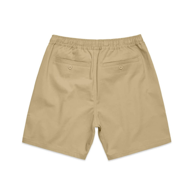Khaki walk shorts with an elastic waistband, featuring two back pockets and a logo on the waistband.