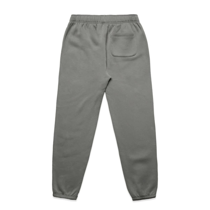 A pair of grey track pants with an elastic waistband and a single back pocket. Features a branding logo.