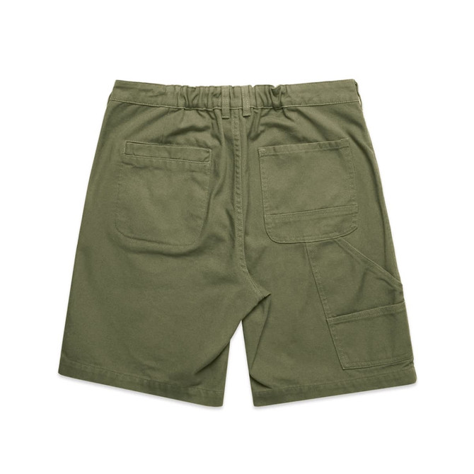 Cargo shorts in khaki green, featuring multiple pockets and an elastic waistband. Branding is present on the garment.