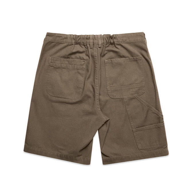 Canvas shorts in a brown hue, featuring multiple pockets and an elastic waistband. Logo detail present.