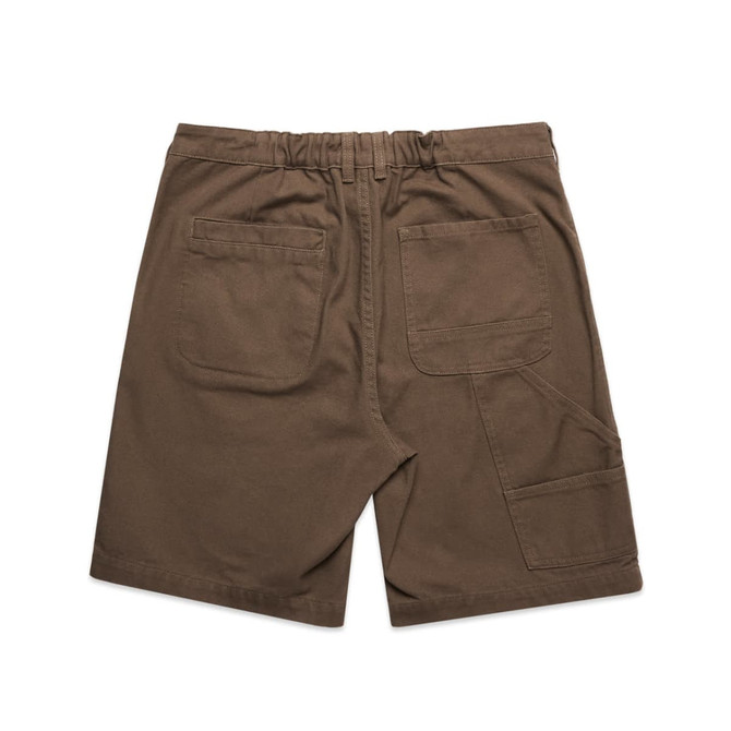 Brown canvas shorts with a stretchy waistband and multiple pockets at the back. Features a logo.