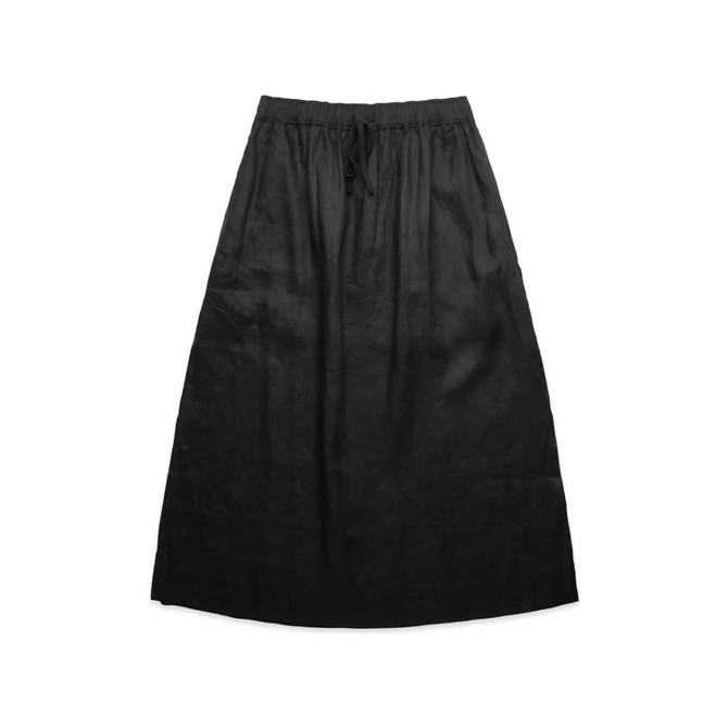 A black linen skirt with an elastic waistband and drawstring, featuring a simple and elegant design.