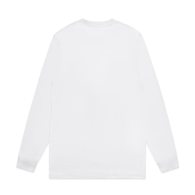 A long-sleeve white T-shirt with a simple design and a logo on the back.