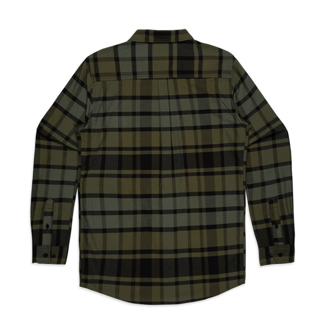 A green and black plaid button-up shirt with long sleeves and a classic collar, featuring a logo on the back.