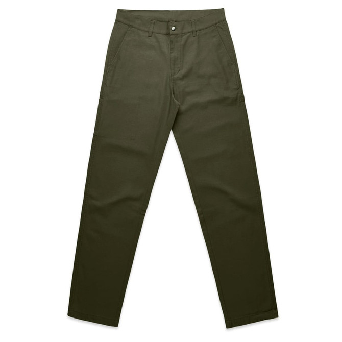 Utility pants in a dark olive green colour, featuring front pockets and a button closure. Includes a logo.