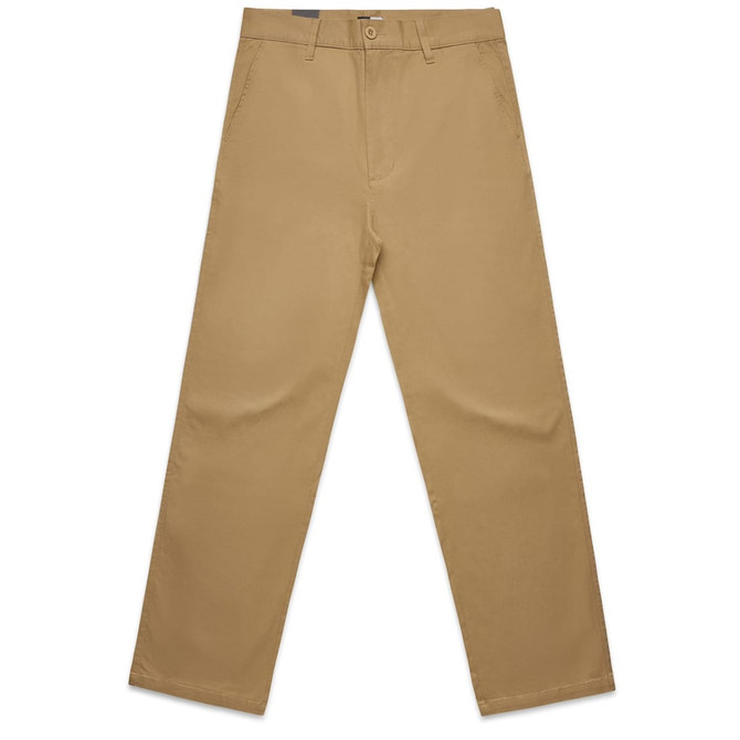Khaki relaxed pants with a straight leg cut, featuring pockets and a button closure. The item has a branding logo.
