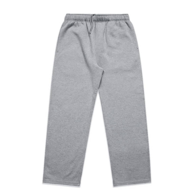 A pair of grey cuffless track pants featuring an elastic waistband and side pockets.