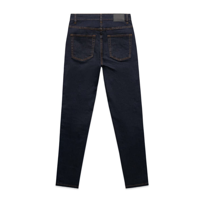 A pair of dark blue skinny jeans with front and back pockets, featuring a logo on the waistband.