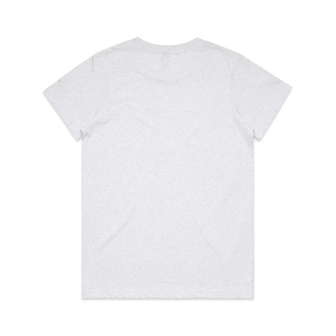 A plain white T-shirt featuring a simple design and a logo on the back.