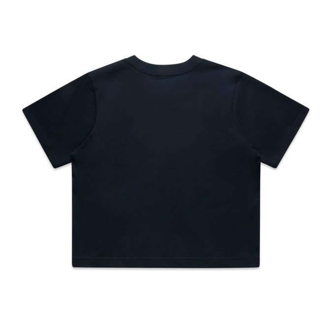 A navy blue classic crop tee with short sleeves and a straight hem, featuring a logo on the back.