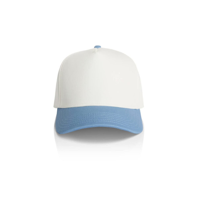 A two-tone cap featuring a white crown and a blue peak, with a logo on the front.