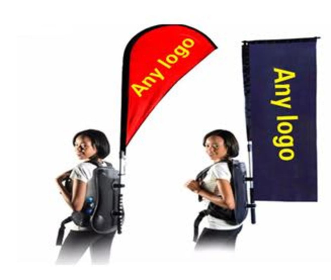 A double-sided teardrop banner in red and blue, displayed on a backpack. Each banner has a logo area.