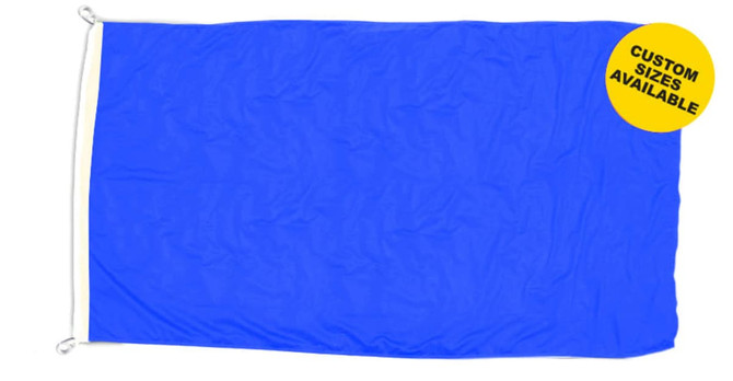 A blue polyester flag featuring a logo, available in custom sizes.