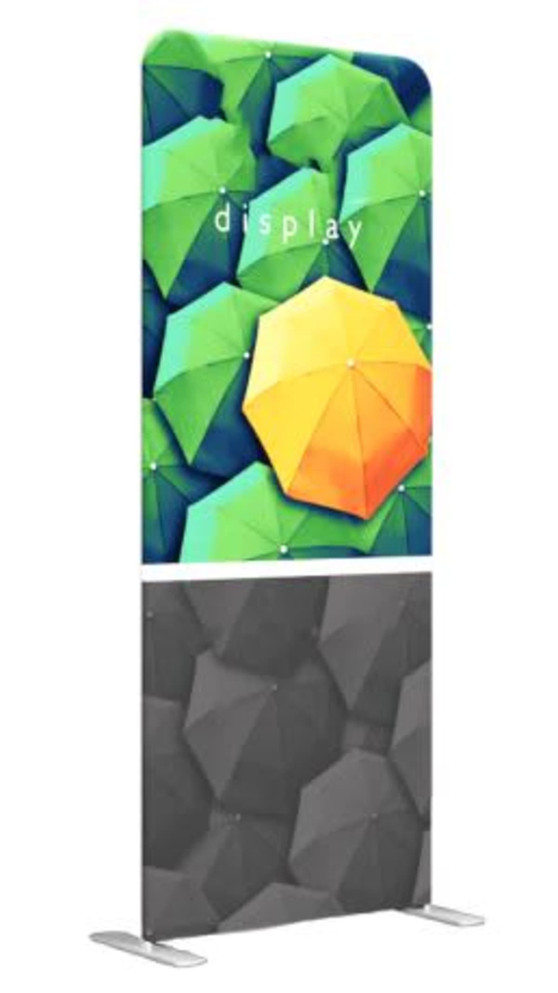 A light box display featuring a vibrant design of umbrellas in green and orange, with a sleek black base.