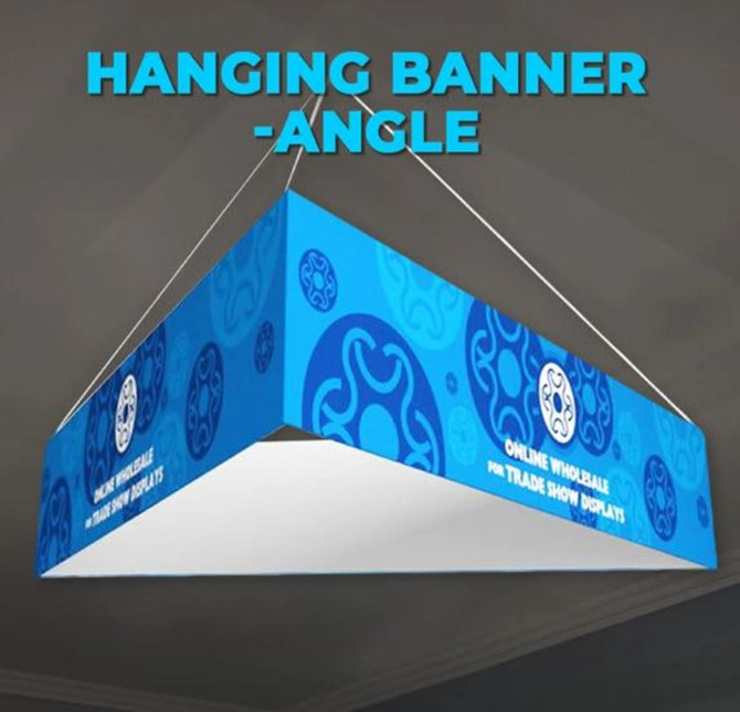 A triangular hanging fabric display in blue with intricate patterns and a white underside, featuring a logo.