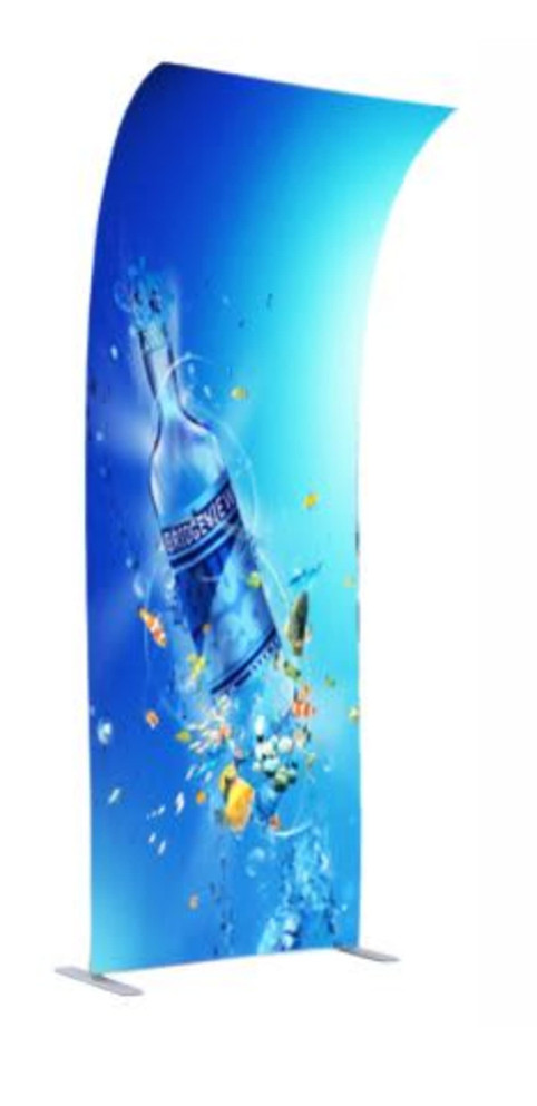 A promotional tension fabric display featuring a blue design with a water bottle and bubbles. It has a curved shape and a logo.
