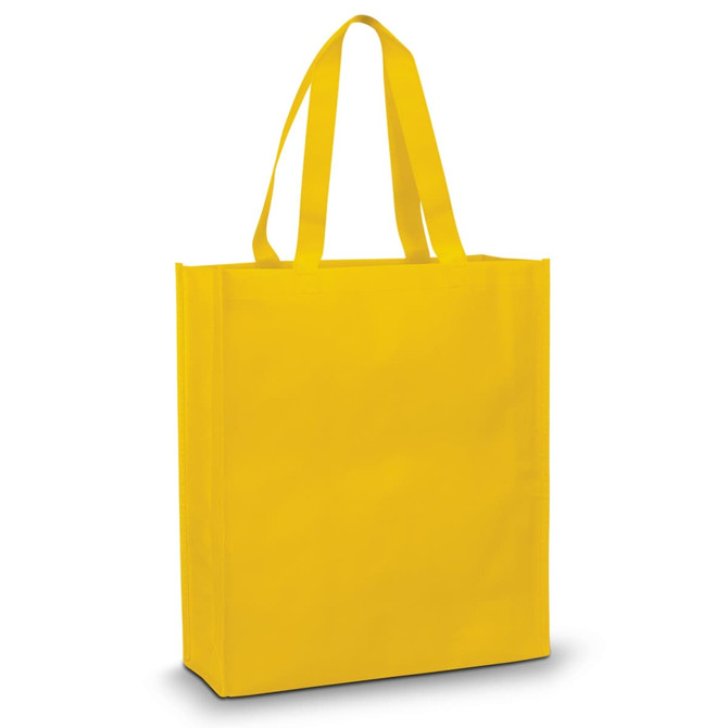 A bright yellow tote bag with sturdy handles and a simple design. It includes a logo on one side.