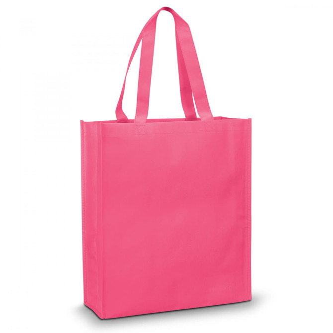A pink tote bag with sturdy handles and a simple design, featuring a logo on one side.