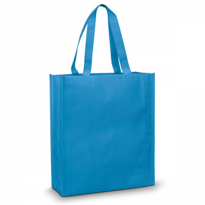 A bright blue tote bag with two handles and a plain design, featuring a logo on one side.