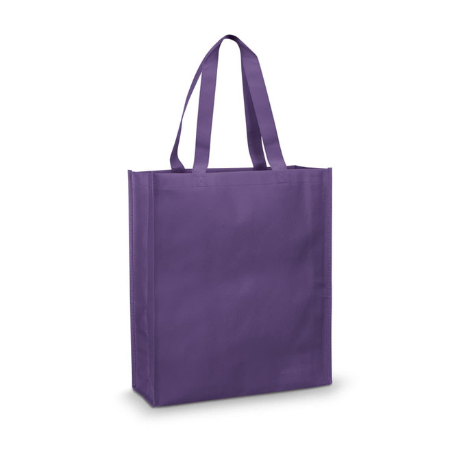 A purple tote bag with two sturdy handles and a simple design. It features a logo on one side.