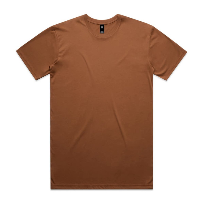 A plain brown t-shirt with a classic crew neckline and short sleeves. It features a logo at the neck area.