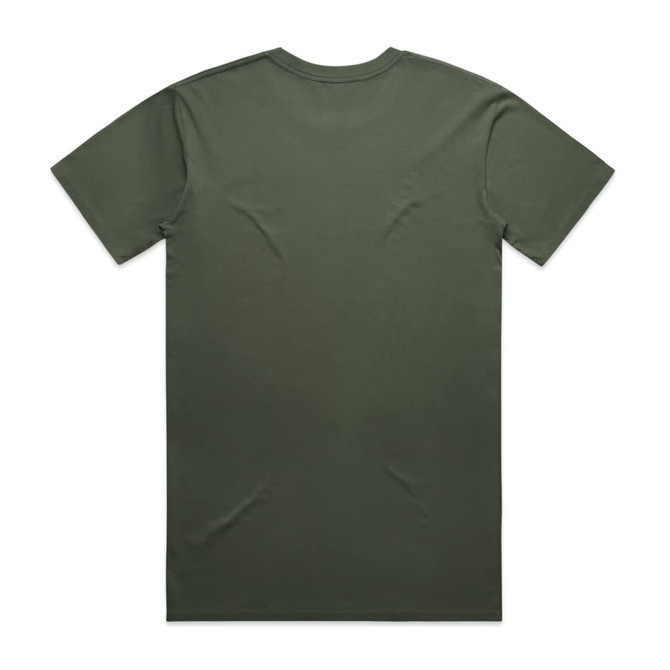 A plain olive green T-shirt displayed on a white background, featuring a simple design and no visible text.