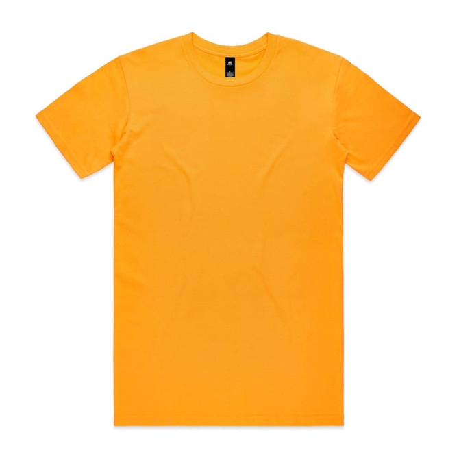 An orange t-shirt featuring short sleeves and a round neck, with a logo on the label.