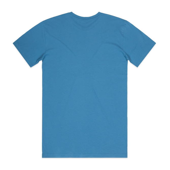 A blue T-shirt featuring a round neck and short sleeves, with a logo on the back.