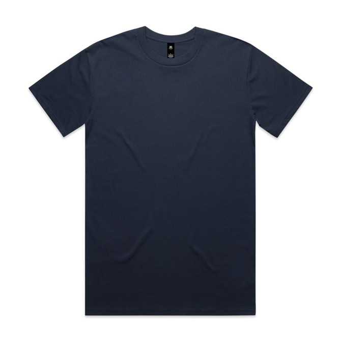 A navy blue T-shirt with a crew neck and short sleeves, featuring a logo tag.