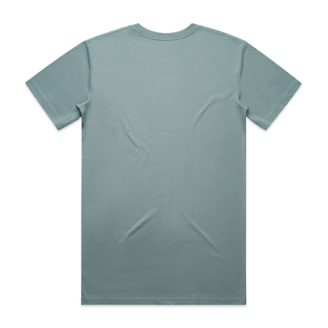 A plain, mint green T-shirt with a crew neck and short sleeves, featuring a logo on the back.