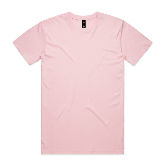A pink T-shirt featuring a crew neckline and short sleeves, with a logo located near the neckline.