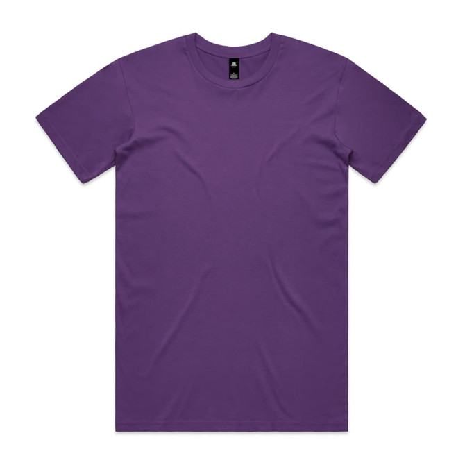 A purple T-shirt with short sleeves and a round neckline, featuring a logo on the inside label.