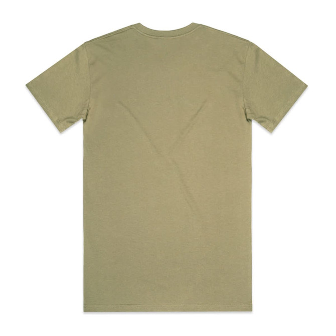 A khaki green t-shirt with a plain back. The shirt has a logo printed on it.