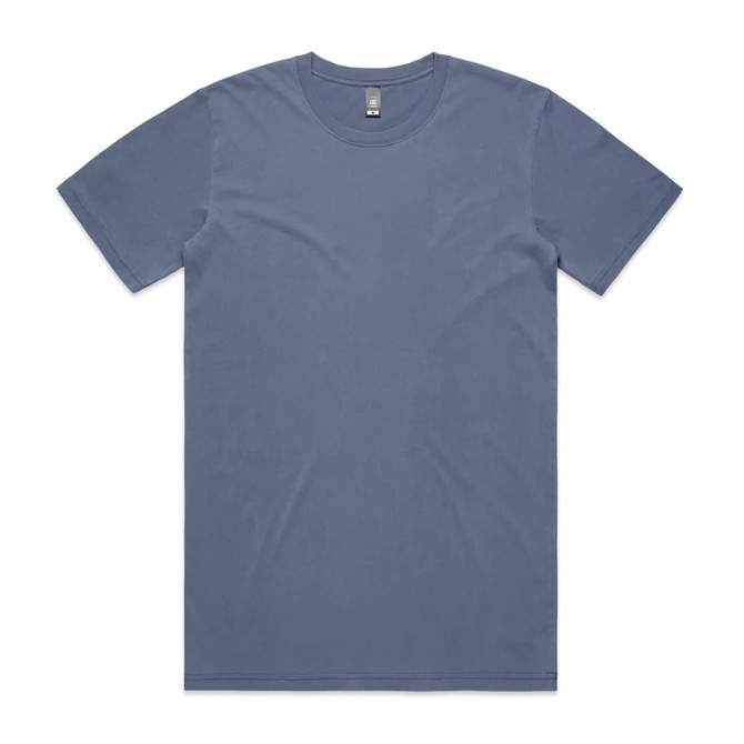 A plain faded blue t-shirt with short sleeves and a round neckline, featuring a branding tag.