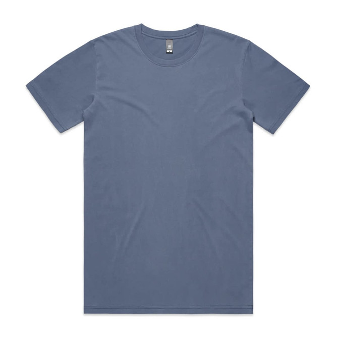 A blue faded t-shirt with a crew neck and short sleeves, featuring a logo on the neckline.