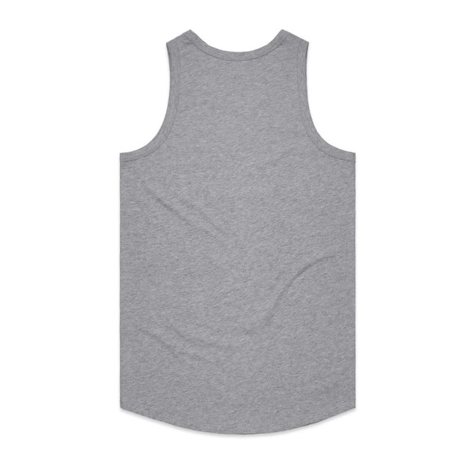 A grey singlet featuring a rounded hem, with a logo on the back.