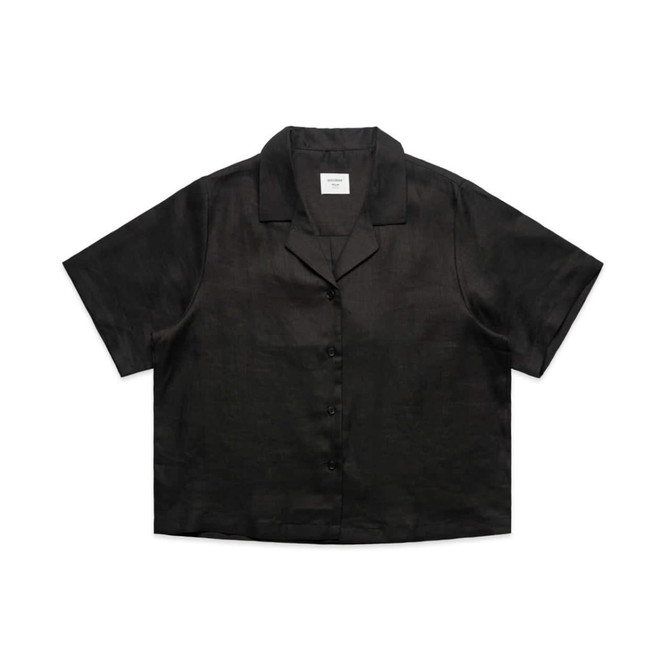 A black short-sleeved button-up shirt with a collar and a front button closure, featuring a logo.