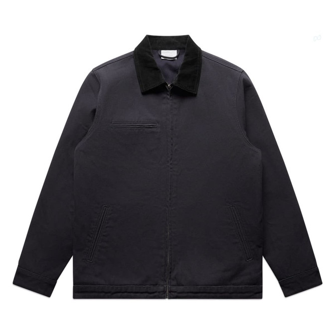 A black canvas jacket with a collar, featuring front pockets and a zip closure, includes a logo.