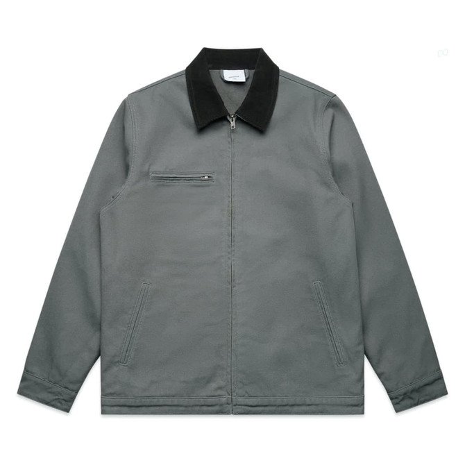 A grey canvas collar jacket with a black collar, featuring zippered and welt pockets. It has a logo tag.