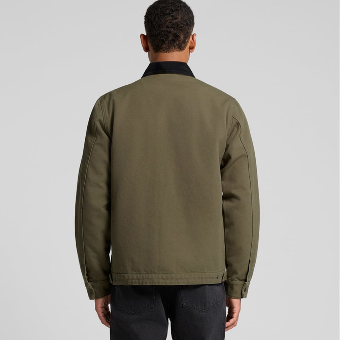 A khaki jacket with a black collar, featuring a logo, viewed from the back.