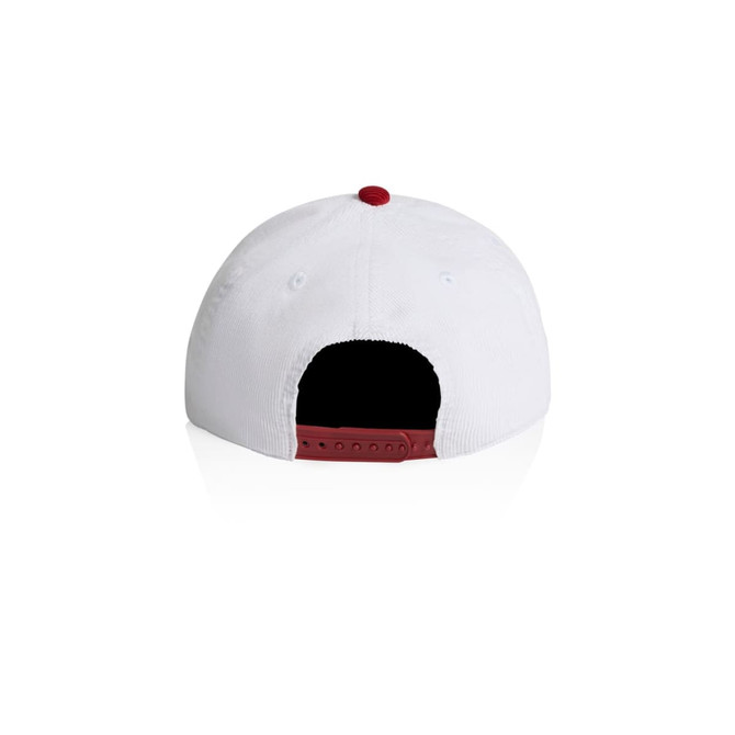 A two-tone cap featuring a white exterior with a contrasting red brim and button, including a logo on the back.