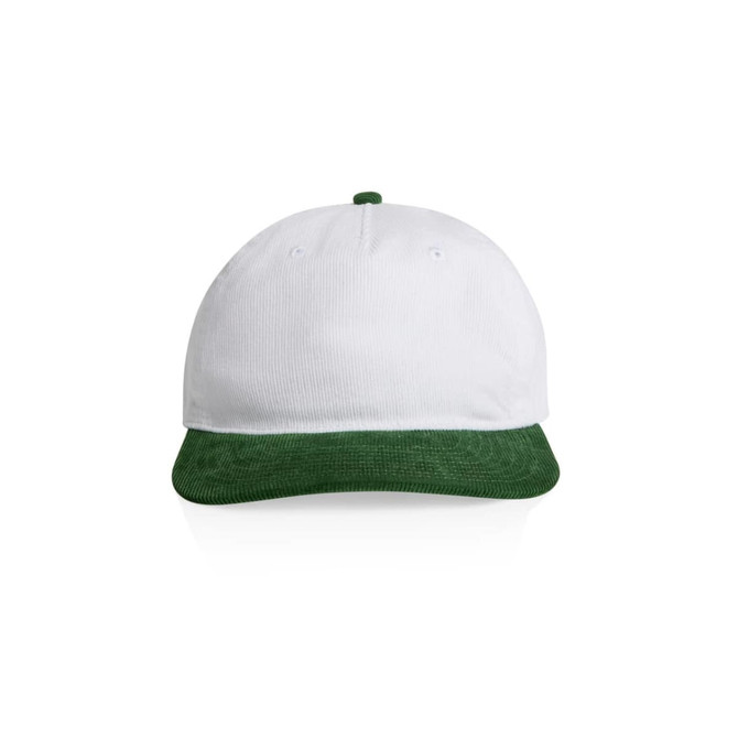 A two-tone cap featuring a white body and a green brim, with a logo on the front.