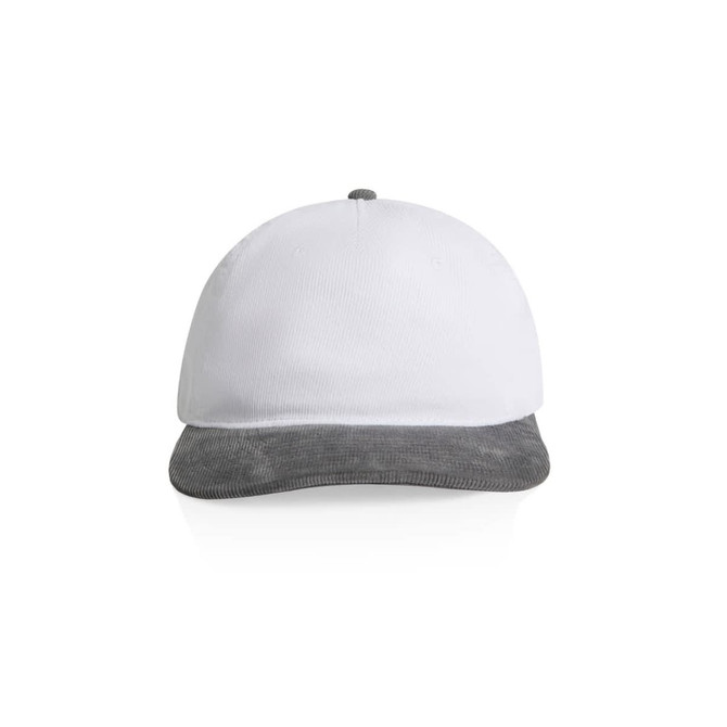 A two-tone cap featuring a white top and a grey corduroy peak, complete with a branding logo.
