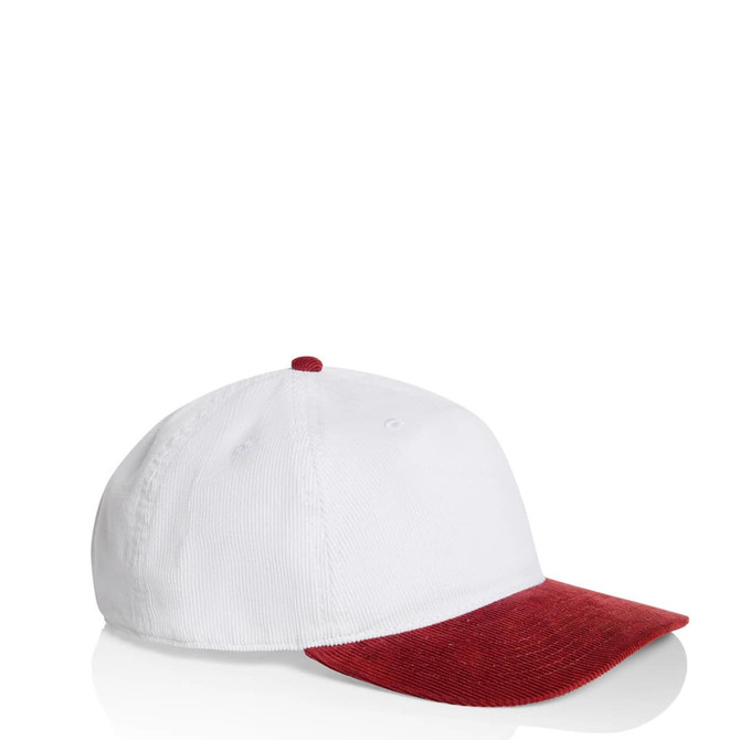 A two-tone cap featuring a white crown and a red brim, with a logo on the side.