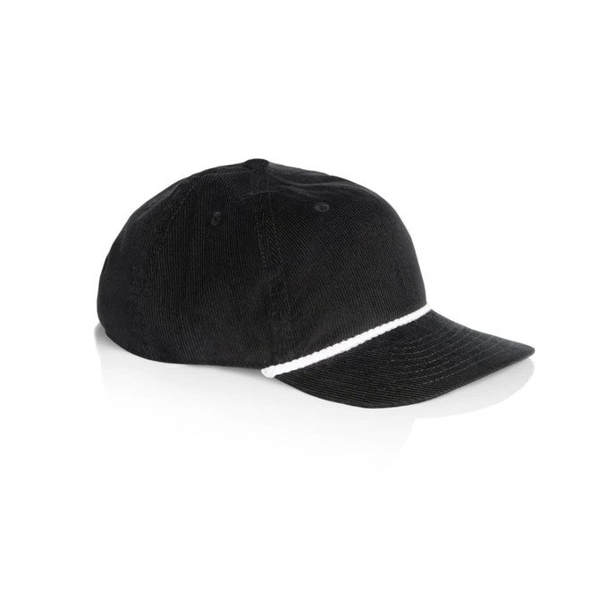 A black cap with a corded white rope detail along the front, featuring a logo on the side.