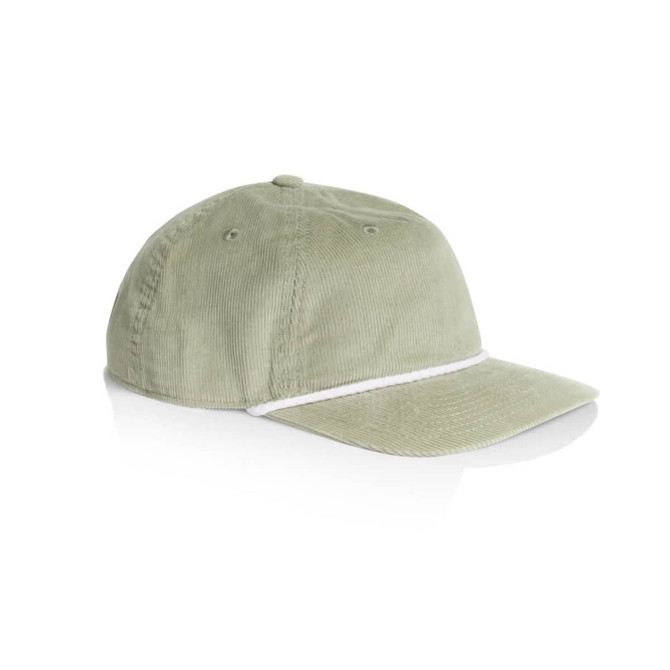 A green corduroy cap featuring a contrasting trim and a logo on the front.