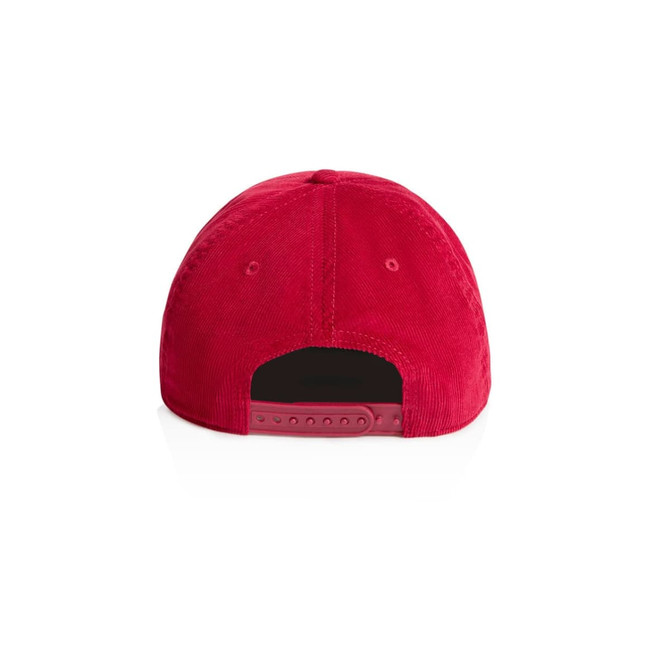 A red corduroy cap featuring a snapback closure and a logo on the back.