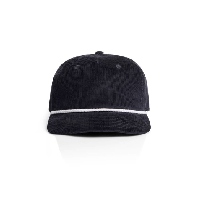 A navy corduroy cap with a white rope detailing across the front and a curved brim. It features a logo tag.