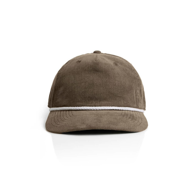 A brown corded cap with a white rope detail along the front brim and a logo on the side.